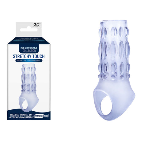 The Ice Crystals Stretchy Touch Tickler Sleeve is a textured translucent sheath with a circular base and raised oval designs, packaged as Intimate Collection Stretchy Touch. Its flexible, soft, hygienic, comfortable, phthalate-free, and made from stretchable TPE material.