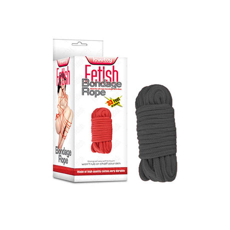 The Fetish Bondage Rope packaging displays a black rope coil, featuring illustrations of rope bondage. It confirms the ropes 10-meter length, made of high-quality cotton for durability and skin friendliness. The Lovetoy brand is prominently shown.