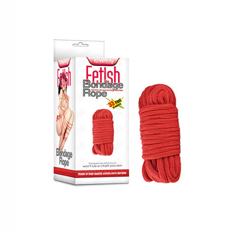 The image displays packaging for Fetish Bondage Rope - Red - 10 m Length, showing a person tied with strong, red rope. The box highlights the 10m length. Beside it, a bundle of high-quality cotton rope is presented, focusing on its softness and durability for bondage lovers.