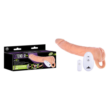 The image shows the Extendor+ Flesh 2 Inch Vibrating Penis Extender and Stroker, a flesh-colored adult toy resembling a phallus, with a remote control featuring advanced vibration technology. The packaging highlights Extendor+ benefits and usage details.