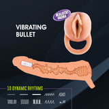 The image showcases the Extendor+, a 2-inch vibrating penis extender and stroker with a realistic vagina design, featuring a stretchy loop handle. Shown in tan, it illustrates ten dynamic rhythms via advanced vibration technology, depicted with wavy and straight line patterns.