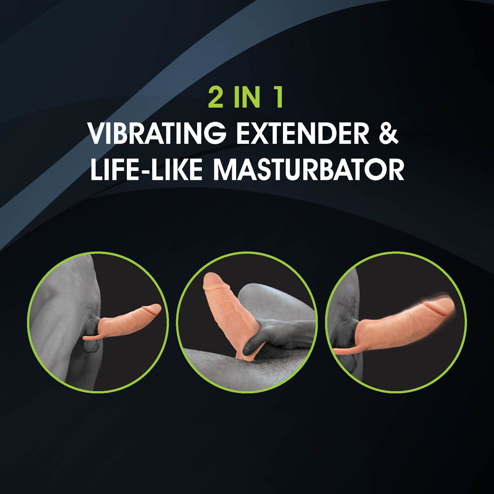 The promotional graphic highlights the Extendor+ - Flesh 2 Inch Vibrating Penis Extender and Stroker with its advanced vibration technology, featuring three circular images showing different angles of the realistic flesh-toned product against a dark background.