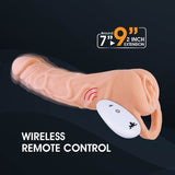 Image of the Extendor+ flesh-toned silicone toy with advanced vibration technology and a wireless remote. It features power and wave icons and offers extension from 7 to approximately 9 inches with its curved shape. The background is dark.