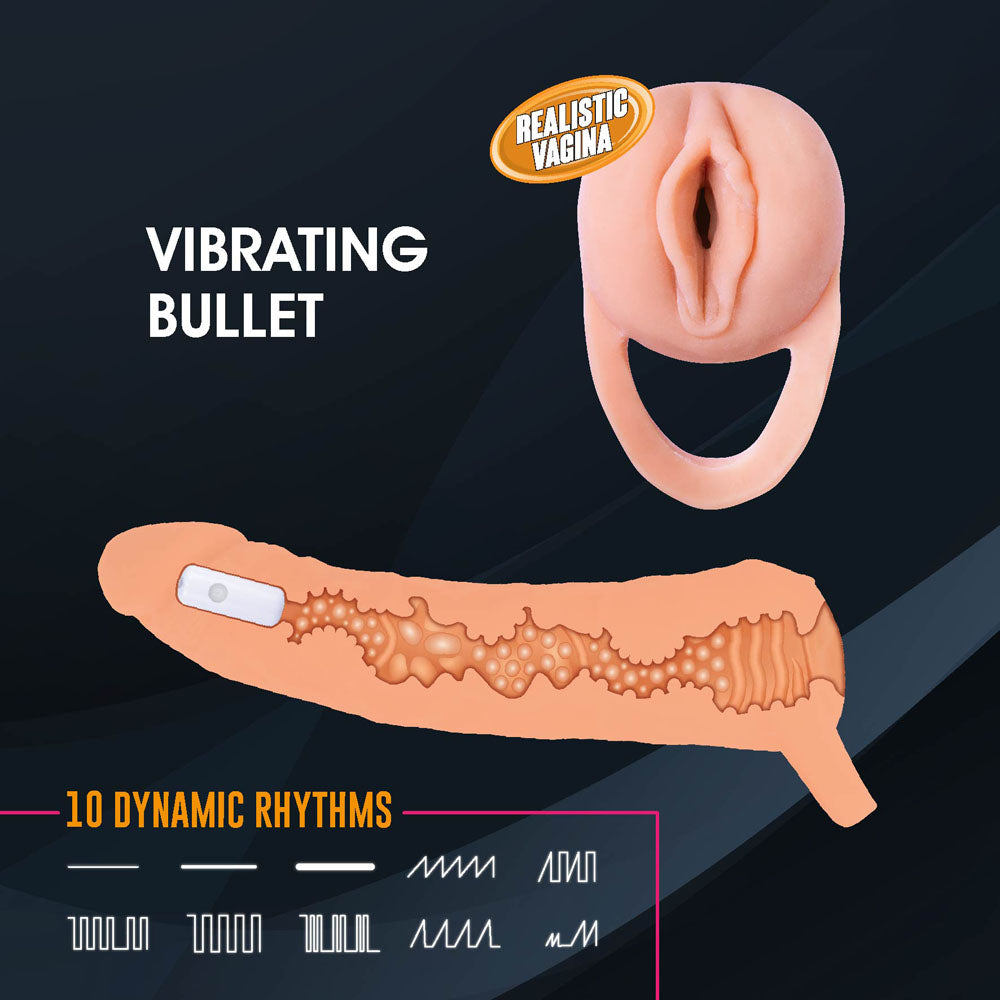 The image features the Extendor+ Flesh 2 Inch Vibrating Penis Extender and Stroker in beige, against a dark background with a yellow label reading Realistic Vagina. It includes a textured vibrating bullet with advanced technology and a white button.