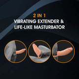 A graphic shows a product called Extendor+ - Flesh 2 Inch Vibrating Penis Extender and Stroker, highlighting advanced vibrating tech. Three round images depict the realistic, flesh-toned silicone design, set against a dark background with abstract curves.