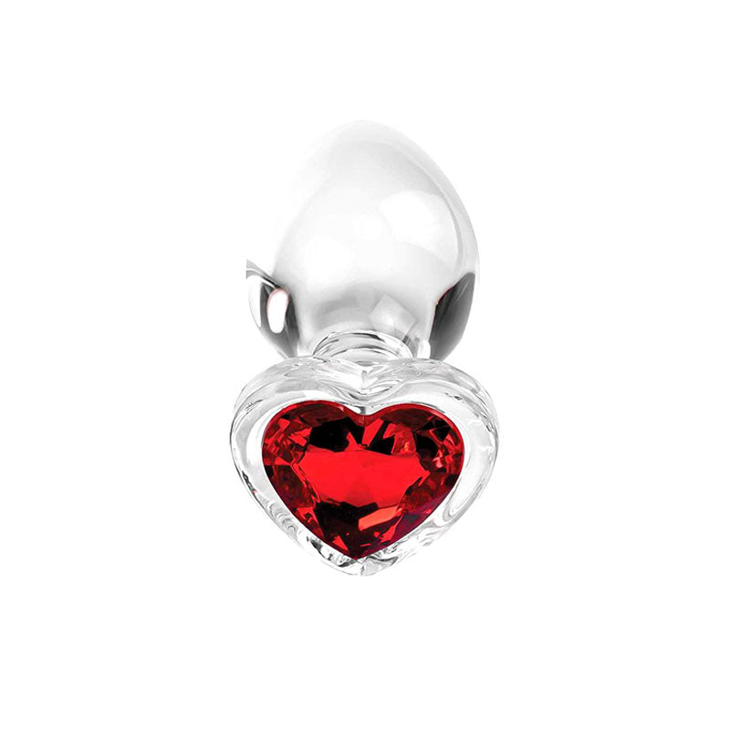 The Adam & Eve RED HEART GEM GLASS PLUG SET features metallic, egg-shaped clear glass butt plugs with a reflective silver finish and heart-shaped red crystal bases that capture light for a vibrant sparkle. A clear border enhances their jewel-like appearance.