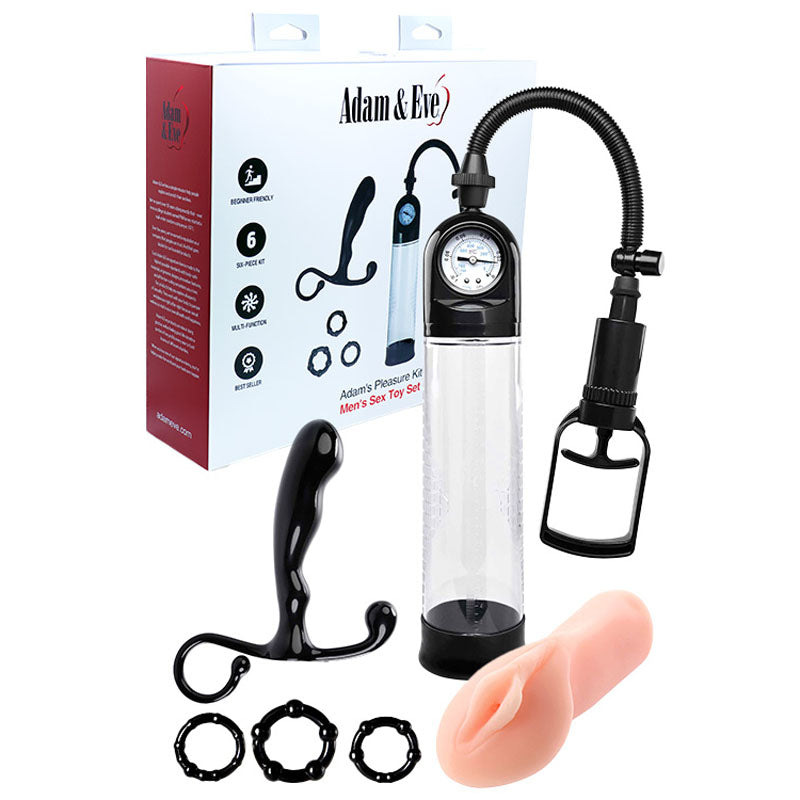 Discover the Adam & Eve ADAMS PLEASURE KIT, a 6-piece male set featuring a gauge-equipped penis pump, flesh-toned stroker, black curved prostate massager, and three sleek black rings. The packaging highlights brand details and item images.