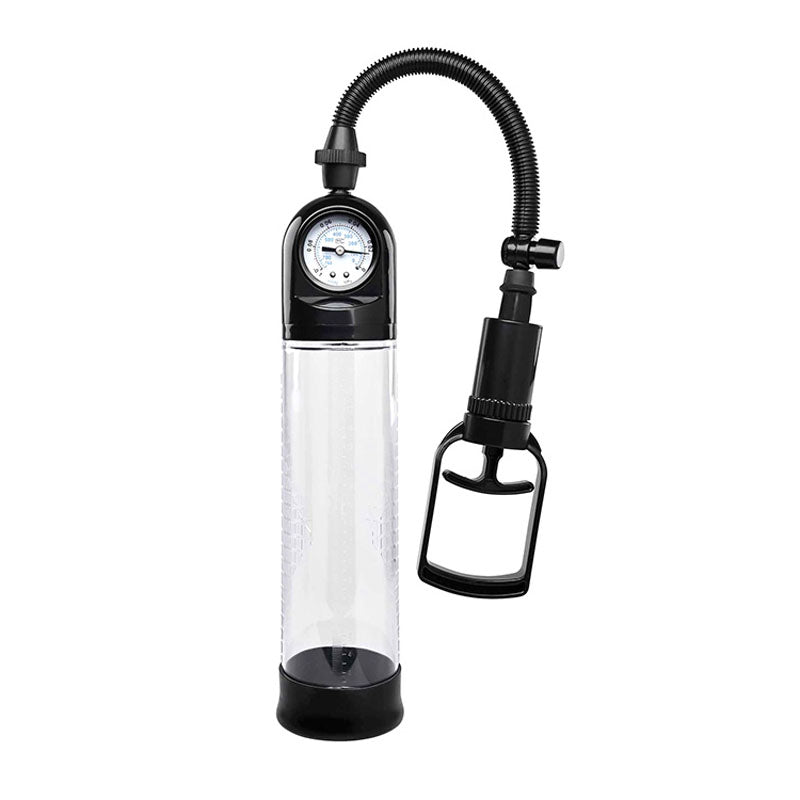 This vacuum pump from our Adam & Eve ADAMS PLEASURE KIT - Male Kit features a transparent cylindrical design with a black base and top. It comes with a black hose connected to a precision pressure gauge. The hand-held pump has a loop handle, while the gauge has a white face with black numbers.