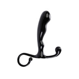 The Adam & Eve ADAMS PLEASURE KIT - Male Kit features a sleek, ergonomic black L-shaped prostate massager with a smooth, glossy finish. It includes a curved main shaft, smaller curved arm for external stimulation, and a looped handle for easy maneuvering, ensuring comfort and precise stimulation.