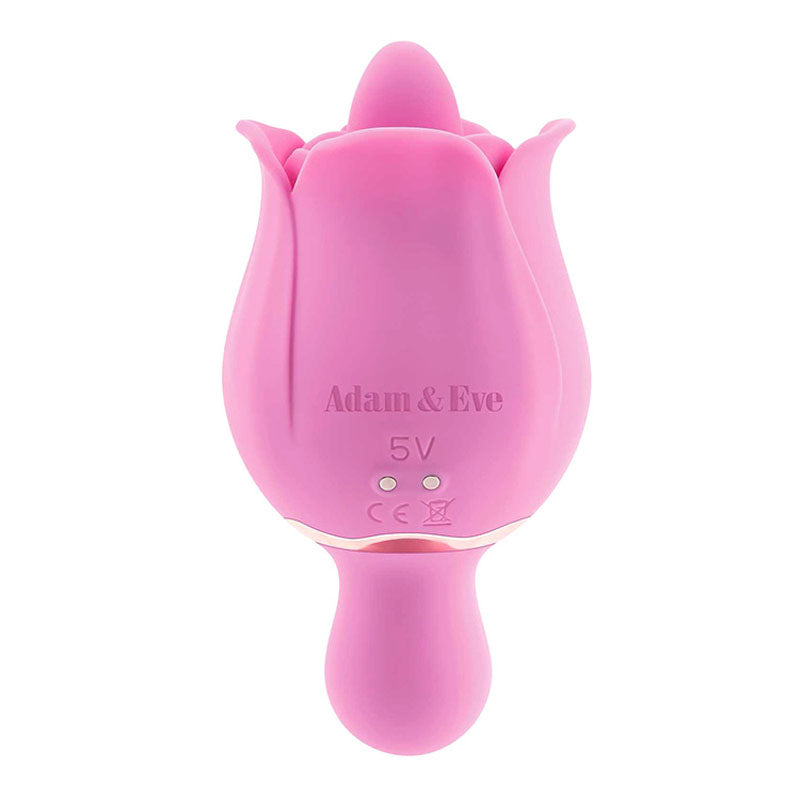 The Adam & Eve EVES RAVISHING CLIT FLICKING ROSE is a pink USB rechargeable stimulator with petal-like edges and a smooth base. Featuring Adam & Eve above 5V and certification symbols, its rose design is both decorative and enhances clitoral orgasms.