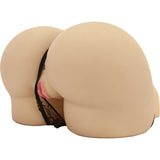 The image showcases the Adam & Eve EVES BOOTYLICIOUS BUBBLE BUTT lifesize masturbator, crafted from dual density materials in a flesh tone. Modeled after human buttocks, it faces away, partly covered in black lace-like fabric that enhances its realistic and smooth appearance.