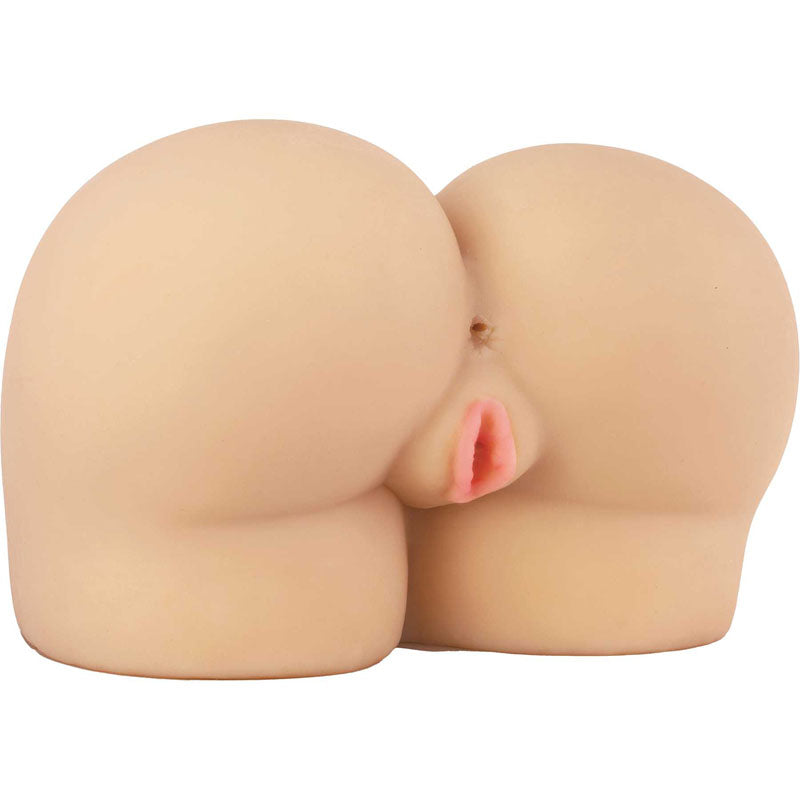 The Adam & Eve EVES BOOTYLICIOUS BUBBLE BUTT is a lifesize flesh-toned masturbator, shaped like human buttocks with a visible orifice and subtle shading for added realism. Made from dual density silicone, it features smooth, rounded forms joined centrally.