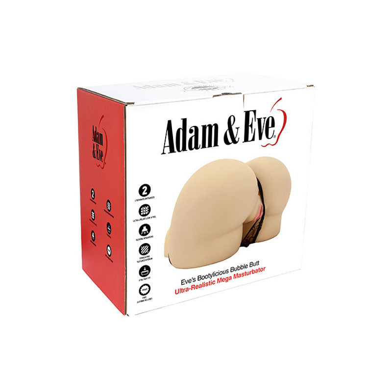 The product packaging features the Adam & Eve EVES BOOTYLICIOUS BUBBLE BUTT - Flesh Doggy Style Lifesize Masturbator, crafted from dual-density materials for realism. The red and white box highlights its lifelike back view prominently on the front.