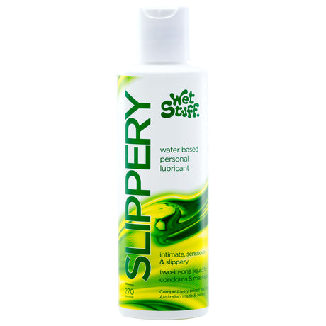 The Wet Stuff Slippery 270g Disc is a smooth, pH balanced water-based personal lubricant. It features a white cylindrical bottle with green and yellow accents and a convenient white flip-top cap, labeled intimate, sensuous & slippery.