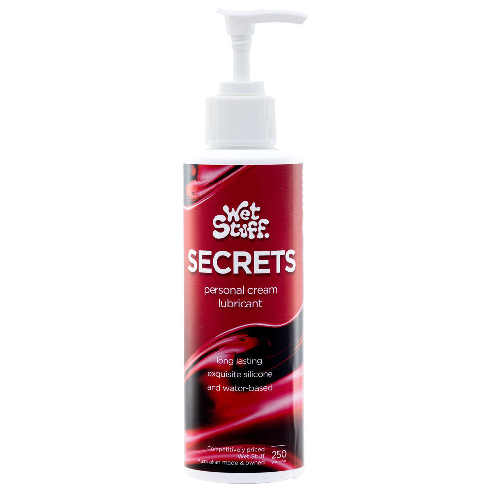 A 250g Wet Stuff Secrets Hybrid Lubricant Pump Bottle, with a red and black label featuring white text, is long-lasting, contains exquisite silicone and water-based formula, is Australian made and owned.