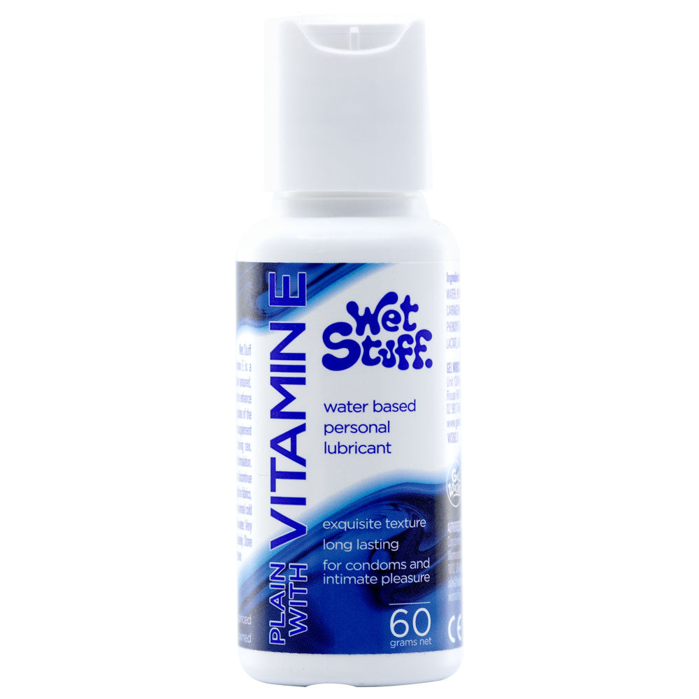 A 60g bottle of Wet Stuff Plain hypoallergenic, water-based personal lubricant with Vitamin E. The white bottle features blue text and graphics, boasting an exquisite texture and long-lasting use. Suitable for condoms and designed for intimate pleasure.