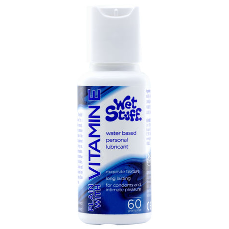 A 60g bottle of Wet Stuff Plain hypoallergenic, water-based personal lubricant with Vitamin E. The white bottle features blue text and graphics, boasting an exquisite texture and long-lasting use. Suitable for condoms and designed for intimate pleasure.