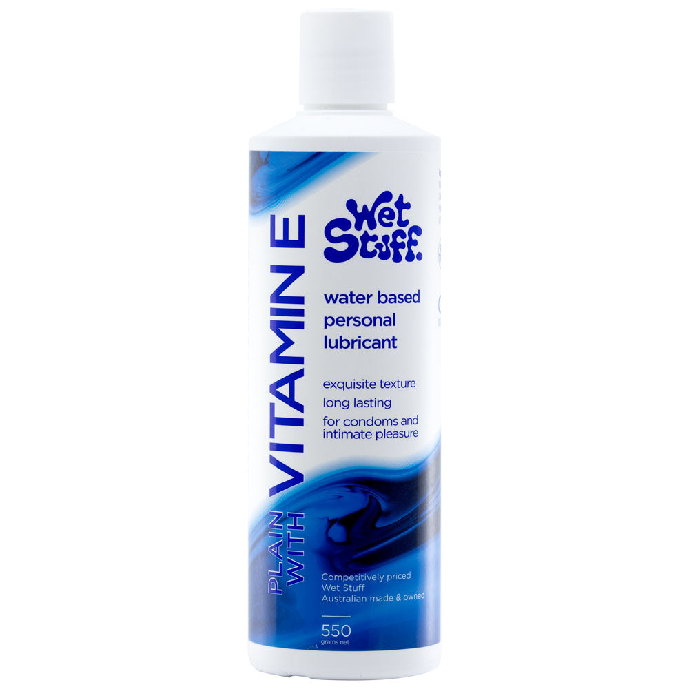 A 550g Wet Stuff Plain water-based lubricant with Vitamin E and blue accents. The white bottle highlights its exquisite texture and long-lasting, pH-balanced formula for condom compatibility and intimate pleasure.