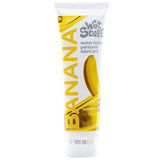 A 100g tube of Wet Stuff Banana water-based lubricant, featuring a dynamic banana graphic on a white background. The label highlights delicious & fun, no aftertaste, and 100% condom compatible.