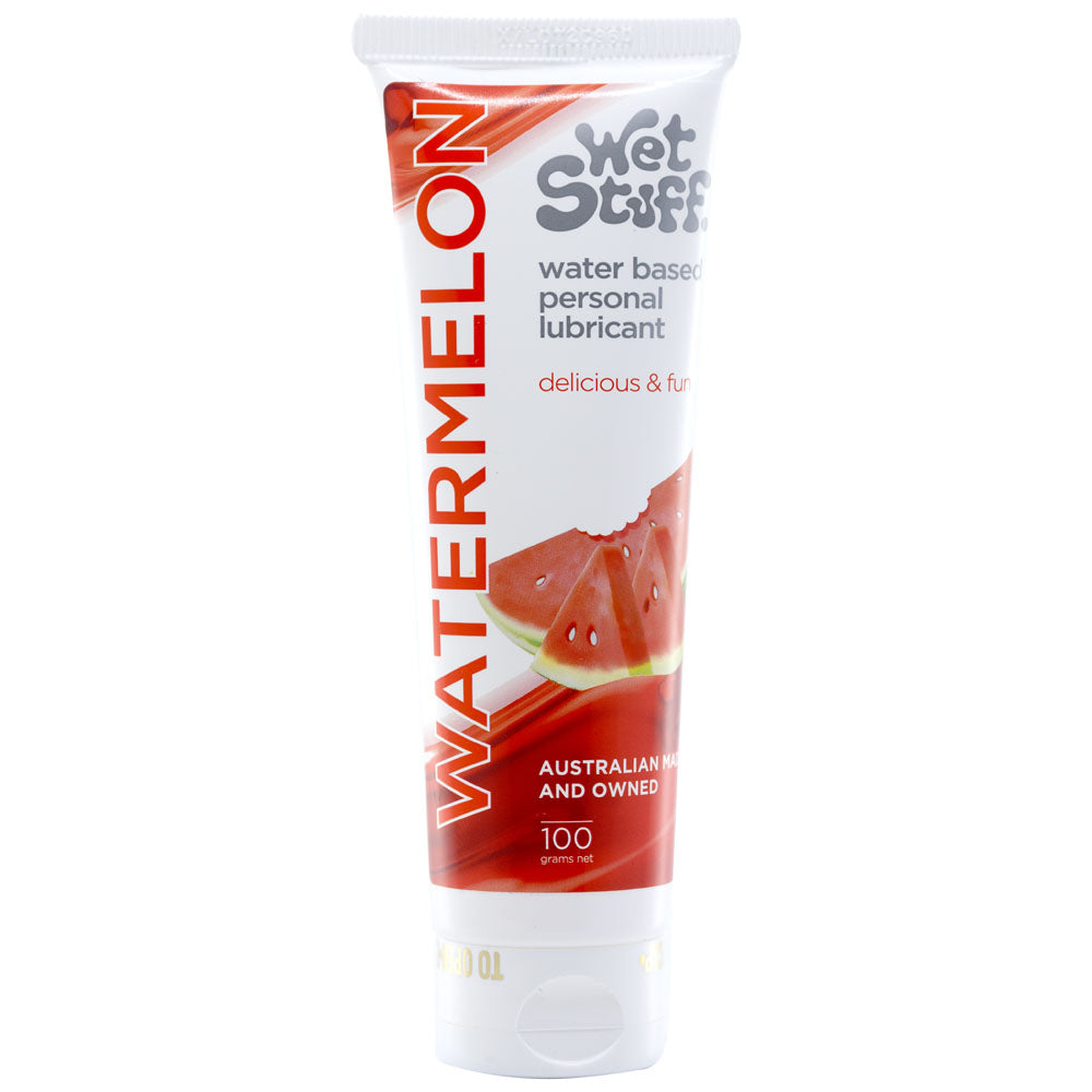 The Wet Stuff Watermelon lubricant is a 100g watermelon-flavored, water-based personal lubricant in white and red packaging with watermelon slices, offering a delicious & fun experience. It is an edible product that is proudly Australian made and owned.