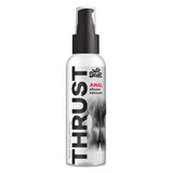 The Wet Stuff Thrust is a silicone-based anal lubricant in a 110g pump bottle, featuring bold THRUST text and a grayscale image of a muscular back, designed for long-lasting glide with an easy-to-use black dispenser.