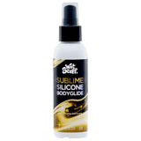 The 125g pump bottle of Wet Stuff Sublime silicone lubricant, designed for anal use, features a sleek white design with bold yellow and white text. Its black pump top efficiently dispenses this long-lasting product against a plain background.