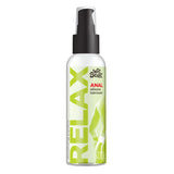 Wet Stuff Relax Anal Silicone Lubricant comes in a 110g pump bottle with a soothing jojoba oil formula, designed for anal intercourse. The green label features RELAX prominently while the black pump top secures its premium silicone-based lubricant to enhance comfort and pleasure.