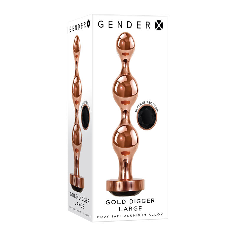 The Gender X GOLD DIGGER Large features a sleek design crafted from rose gold body-safe aluminum alloy, with spherical shapes ending in a black gem. The product name is displayed below the image.