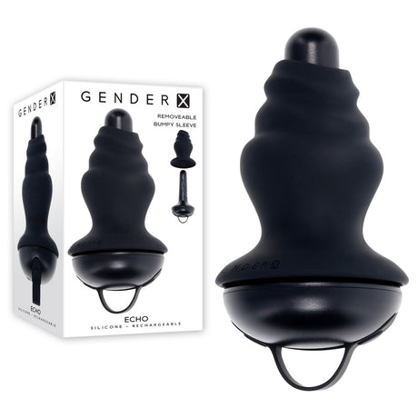 A black silicone USB-rechargeable vibrating massager, featuring a bumpy removable sleeve and a ring base, is showcased. The packaging reads GENDER X - Removable Bumpy Sleeve and ECHO Silicone - Rechargeable, highlighting the Gender X ECHO 15.3 cm butt plug.