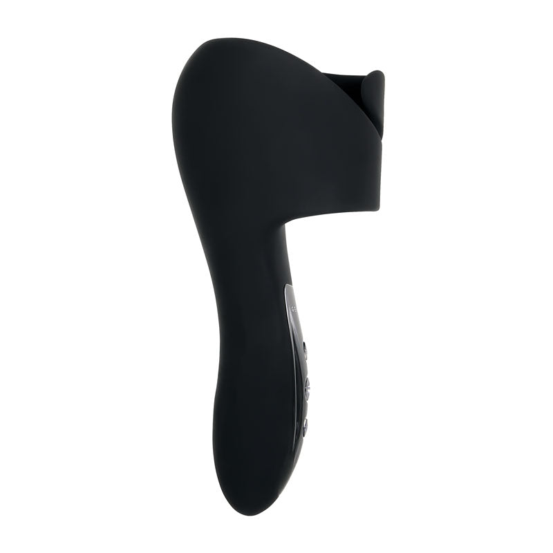 The Gender X THE EMBRACE Black USB Rechargeable Male Vibrator is a sleek, modern personal care tool with a curved ergonomic handle, matte finish, waterproof design, side control buttons, and a top attachment.