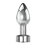 The Gender X ROCKIN METAL PLUG is a 9.3 cm, USB rechargeable, metallic butt plug with a teardrop shape and mirrored finish that reflects light while tapering to a rounded point. Its wider base ensures stability and allows for varied anal stimulation.