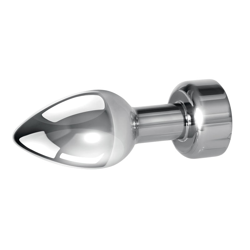 The Gender X ROCKIN METAL PLUG is a metallic, polished 9.3 cm USB rechargeable butt plug with a tapered, conical design and a smooth surface. Its wide cylindrical base contrasts with the narrow tip, ideal for anal stimulation. Photographed on a white background.