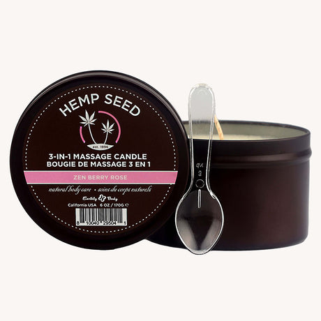 The Hemp Seed 3-In-1 Massage Candle – Zen Berry Rose scent combines natural oils with blackberry, yellow rose, and amber. The brown tin has a logo and white text on the lid; it includes a silver spoon marked ½ and ¼. This moisturizing candle weighs 170 g (6 oz).