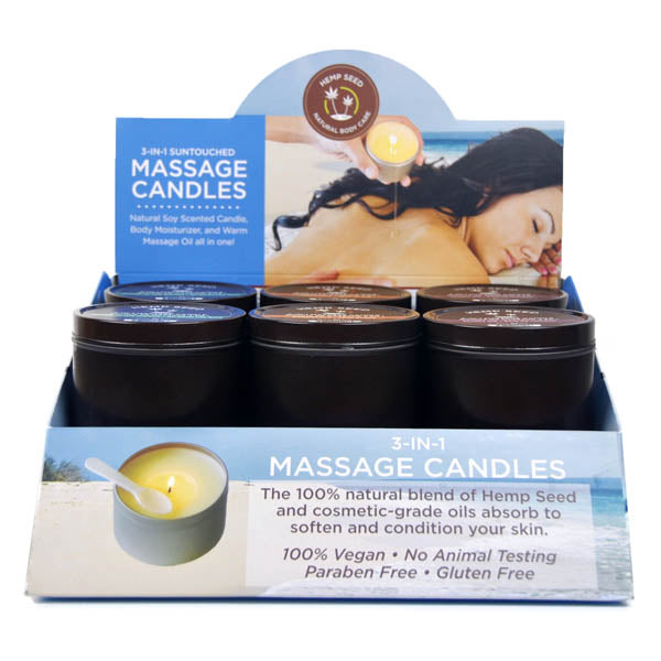 Displayed is the Hemp Seed 3-In-1 Massage Candle with a photo of a woman relaxing. These candles feature a natural blend of hemp seed and cosmetic-grade oils, serving as both skin moisturizer and massage oil. Labels highlight 100% Vegan, No Animal Testing, Paraben Free, and Gluten Free.