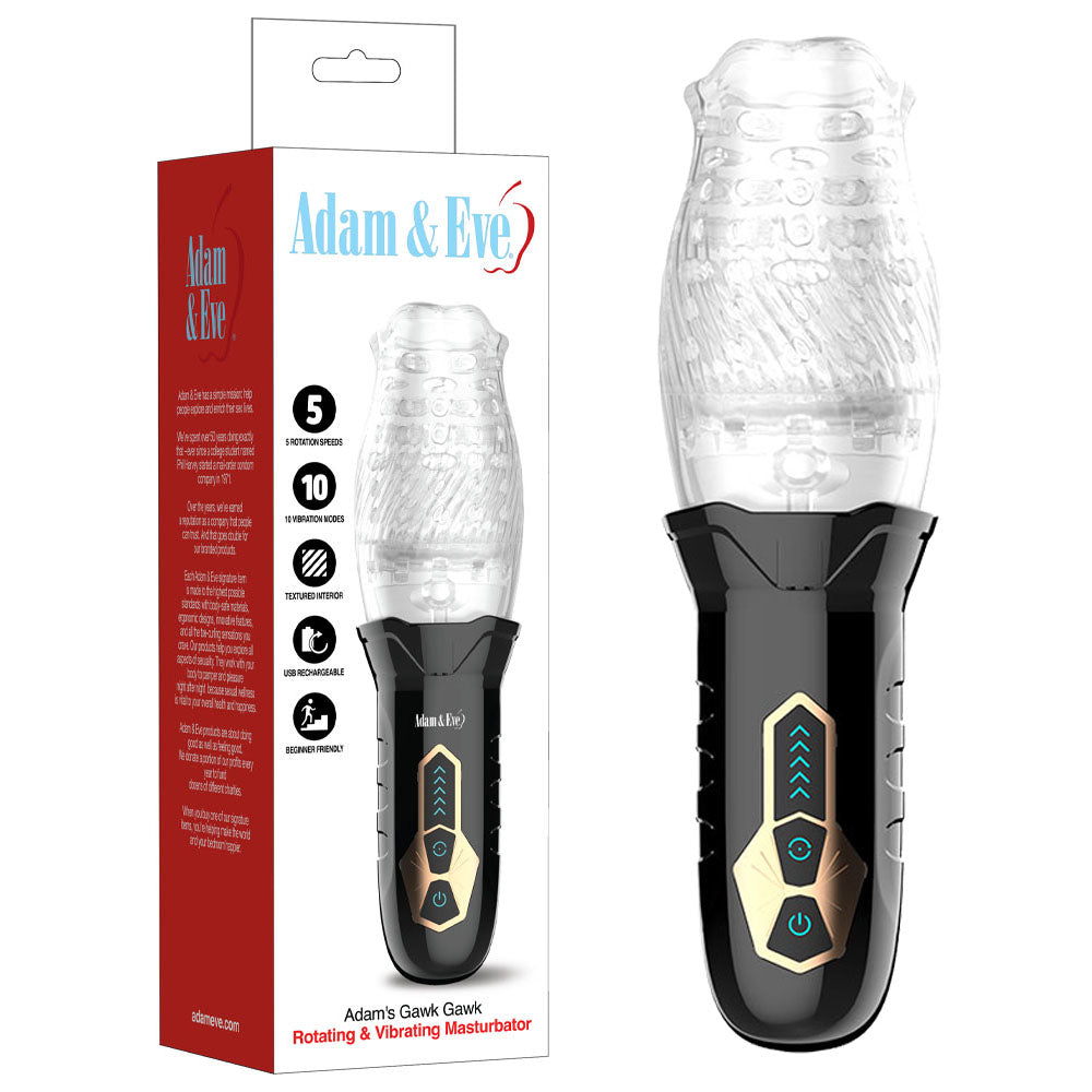 Explore the Adam & Eve Adams Gawk Gawk, a sleek black USB-rechargeable masturbator with gold buttons and a textured sleeve. It offers 5 speeds, 10 functions, and 360-degree rotation for ultimate pleasure. The bold red and white packaging highlights its branding.