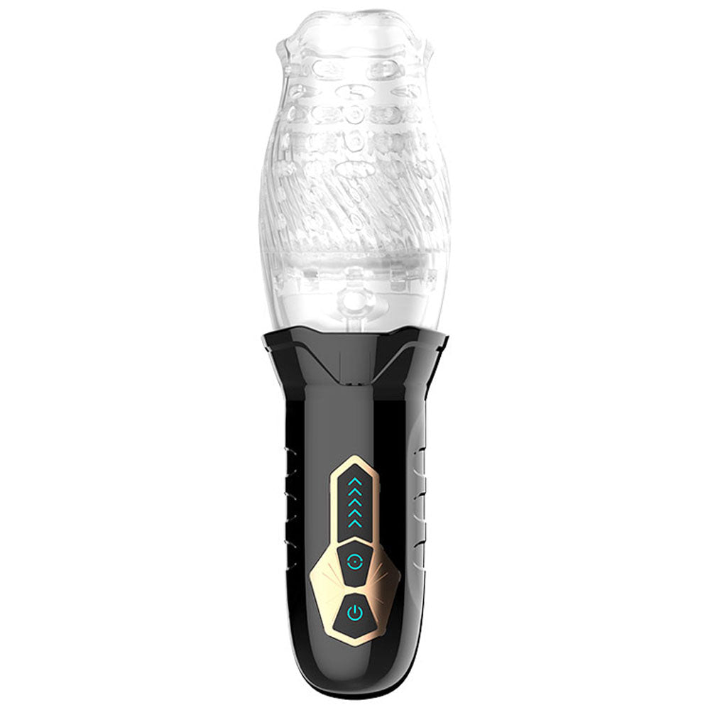 Introducing the Adam & Eve Adams Gawk Gawk, a USB rechargeable rotating masturbator with a futuristic design. It boasts a textured, clear upper section and a black base with gold accents. The control panel includes a power button and two blue arrows for adjustable spinning settings.