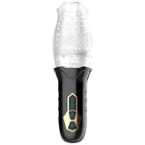 The Adam & Eve Adams Gawk Gawk features a black and transparent design with a textured cylindrical upper, sleek black handle accented in gold, and three turquoise buttons. Its flexible build allows for smooth 360-degree rotation, and it is clear USB rechargeable.