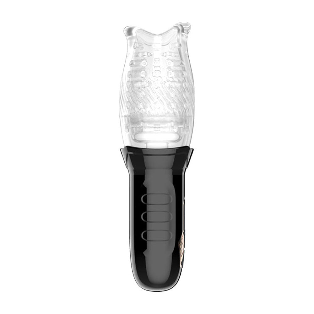 The Adam & Eve Adams Gawk Gawk USB Rechargeable Rotating Masturbator features a sleek black handle with three buttons and a transparent textured top for stimulation, offering an unparalleled experience like a modern spinning gadget.