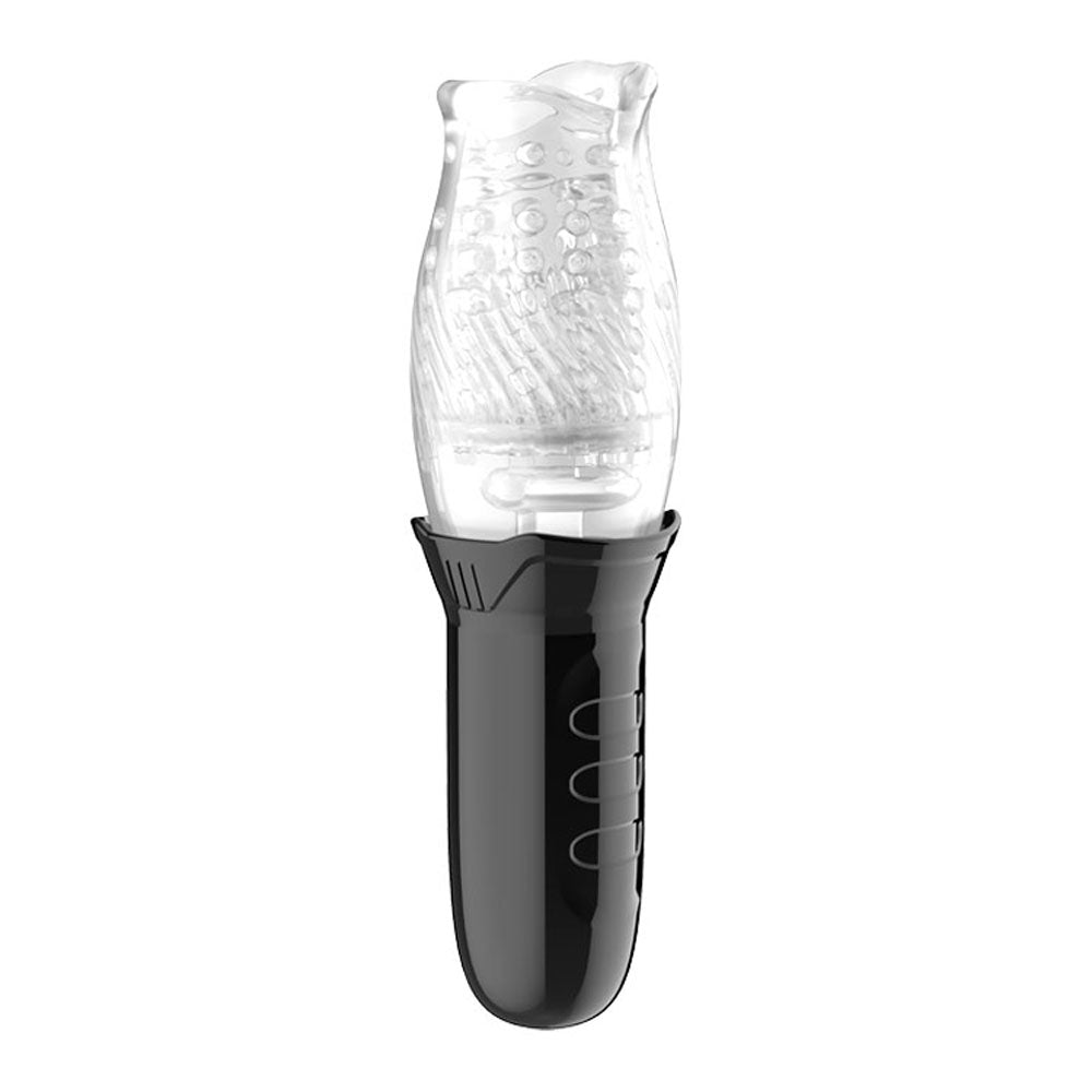 The Adam & Eve Adams Gawk Gawk is a USB rechargeable rotating masturbator featuring a transparent silicone attachment with a textured, bumpy interior that pairs seamlessly with its sleek black handheld base. Its curved body and circular grooves ensure a firm grip, offering versatility and an engaging 360-degree rotation experience.