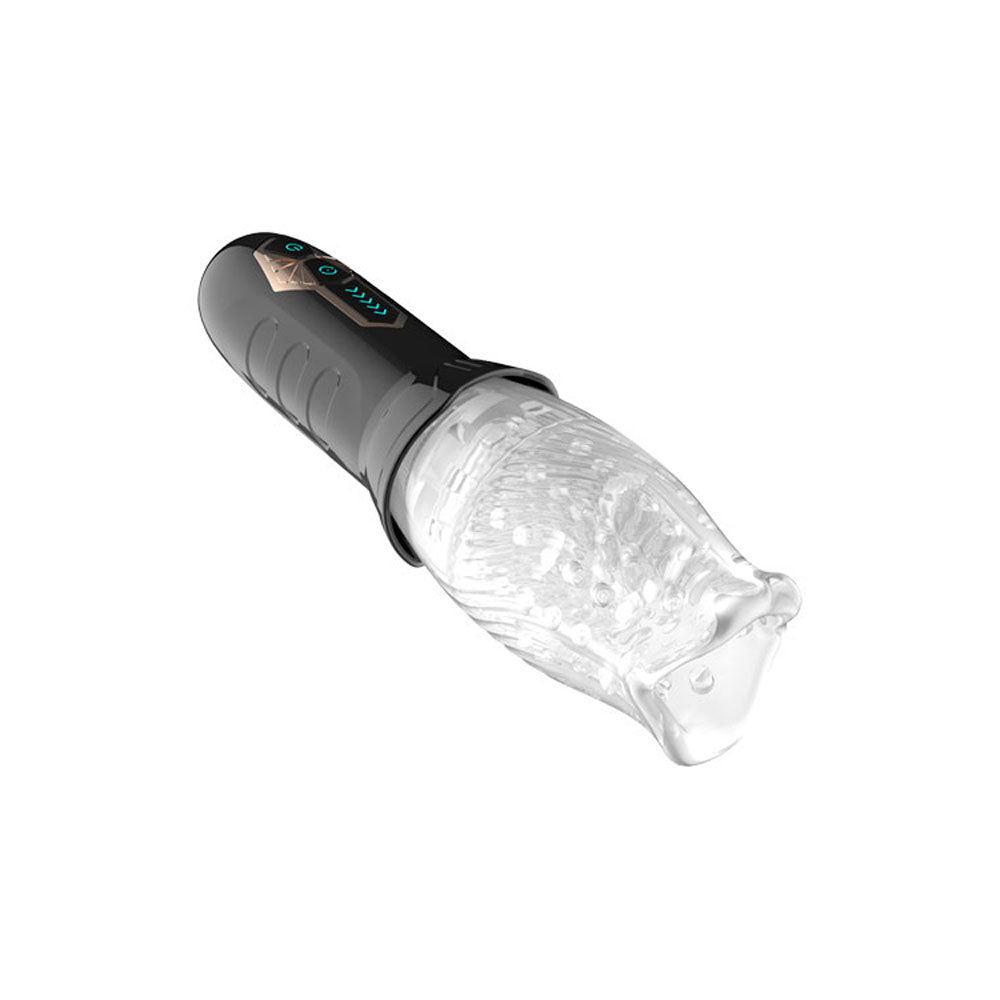 Set against a white backdrop, Adam & Eve Adams Gawk Gawk - Clear USB Rechargeable Rotating Masturbator features a black handle with buttons. The clear, textured sleeve offers 360-degree rotation, and the glossy finish adds to its futuristic design.