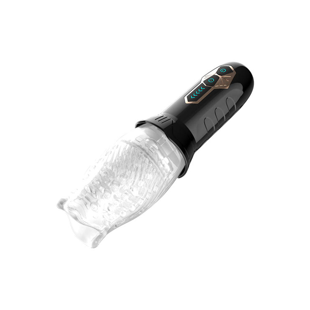 The Adam & Eve Adams Gawk Gawk is a clear, USB-rechargeable rotating masturbator with a textured cylindrical body and an ergonomic black handle featuring control buttons, designed for personal use.