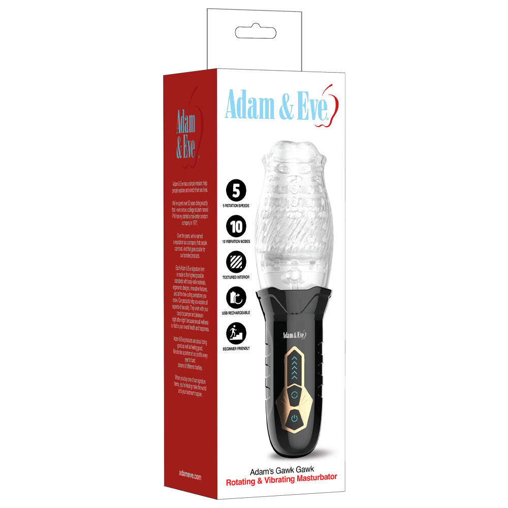 The red and white box, adorned with branding and product info, contains the Adam & Eve Adams Gawk Gawk USB Rechargeable Rotating Masturbator. It features a spinning masturbator with a textured clear sleeve above a black handle with buttons, offering 5 speeds and 10 functions.