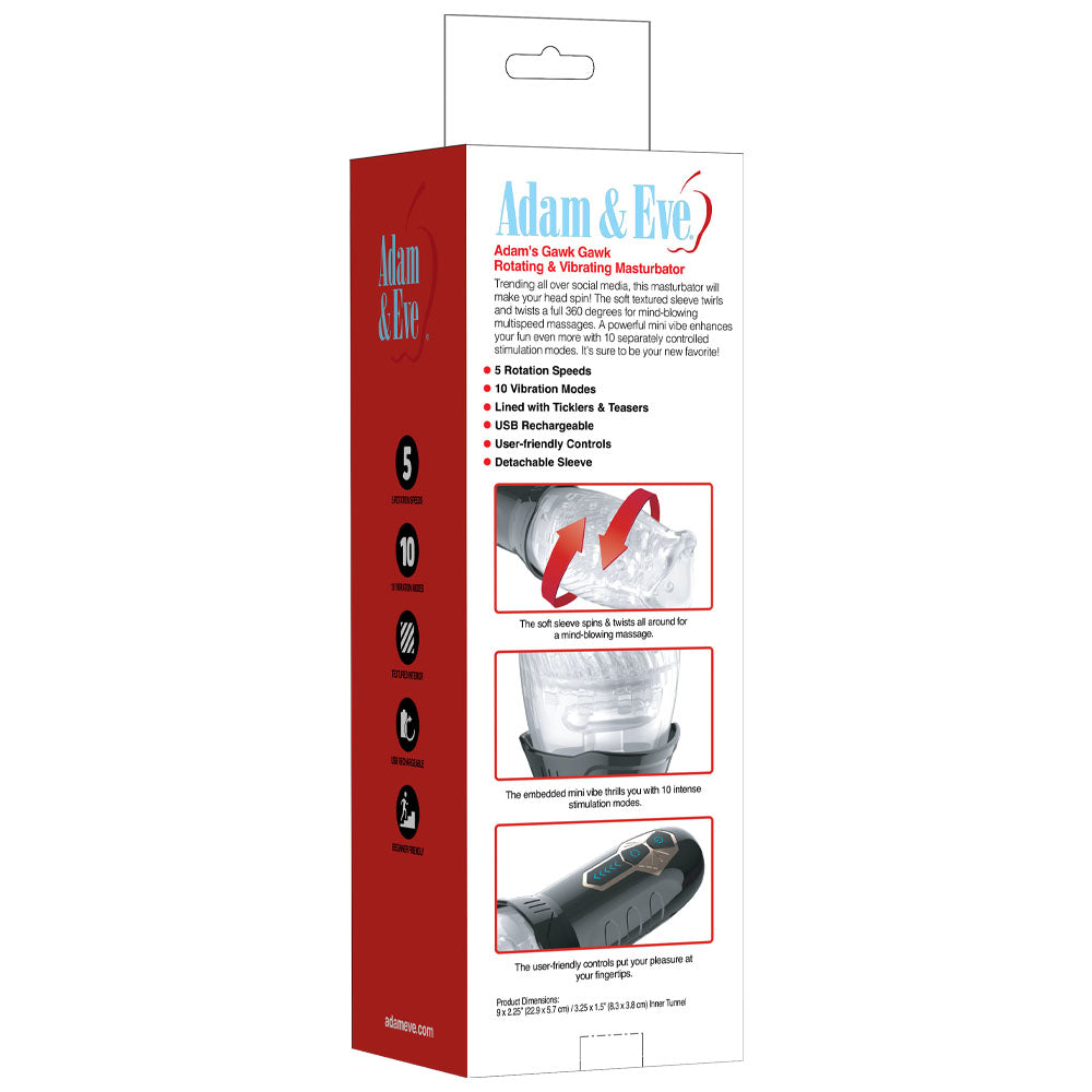 The Adam & Eve Adams Gawk Gawk packaging highlights its 360-degree rotation, featuring 5 speeds, 10 vibration modes, and a warming sensation. It includes a USB rechargeable cord, with images displaying its open design and controls.