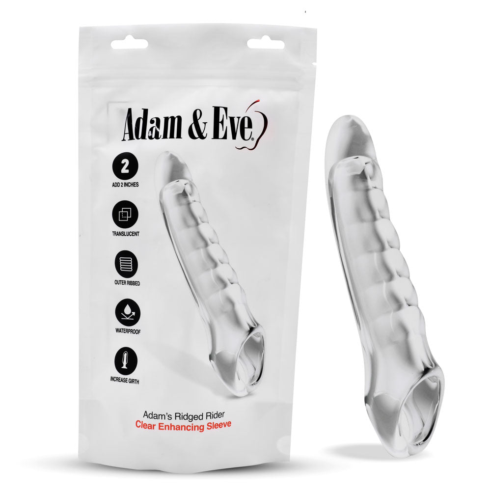 The packaging and product of the Adam & Eve Ridged Rider - Clear 22.9 cm Penis Extension Sleeve showcase its waterproof design, offering a 2-inch extension, translucent style, and a ridged texture for an intense grip and enhanced real-feel sensation.