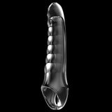 The Adam & Eve Ridged Rider - Clear 22.9 cm Penis Extension Sleeve is a transparent, ribbed cylindrical object with a glossy surface against a black background. Designed for girth enhancement, it features bulbous ridges along its length and tapers slightly at its closed end, appearing smooth and flexible.