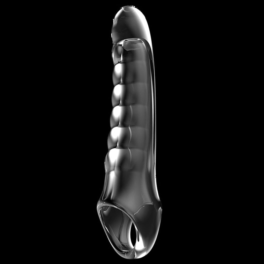 The Adam & Eve Ridged Rider - Clear 22.9 cm Penis Extension Sleeve is crafted from glossy, real-feel translucent silicone with a ridged texture for grip or stimulation and features an elongated design with a rounded closed end and an open base for easy application.