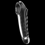 The Adam & Eve Ridged Rider is a transparent glass-like sculpture, resembling an elongated hand with fused fingers and thumb. Featuring detailed ridges and smooth grooves, its reflective surface is elegantly highlighted against a solid black background.