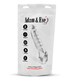 The Adam & Eve Ridged Rider - Clear 22.9 cm Penis Extension Sleeve packaging is white, displaying a clear, real-feel sleeve with ridges. Icons show it adds 2 inches, is translucent and waterproof, and increases girth. The name appears in bold red text.