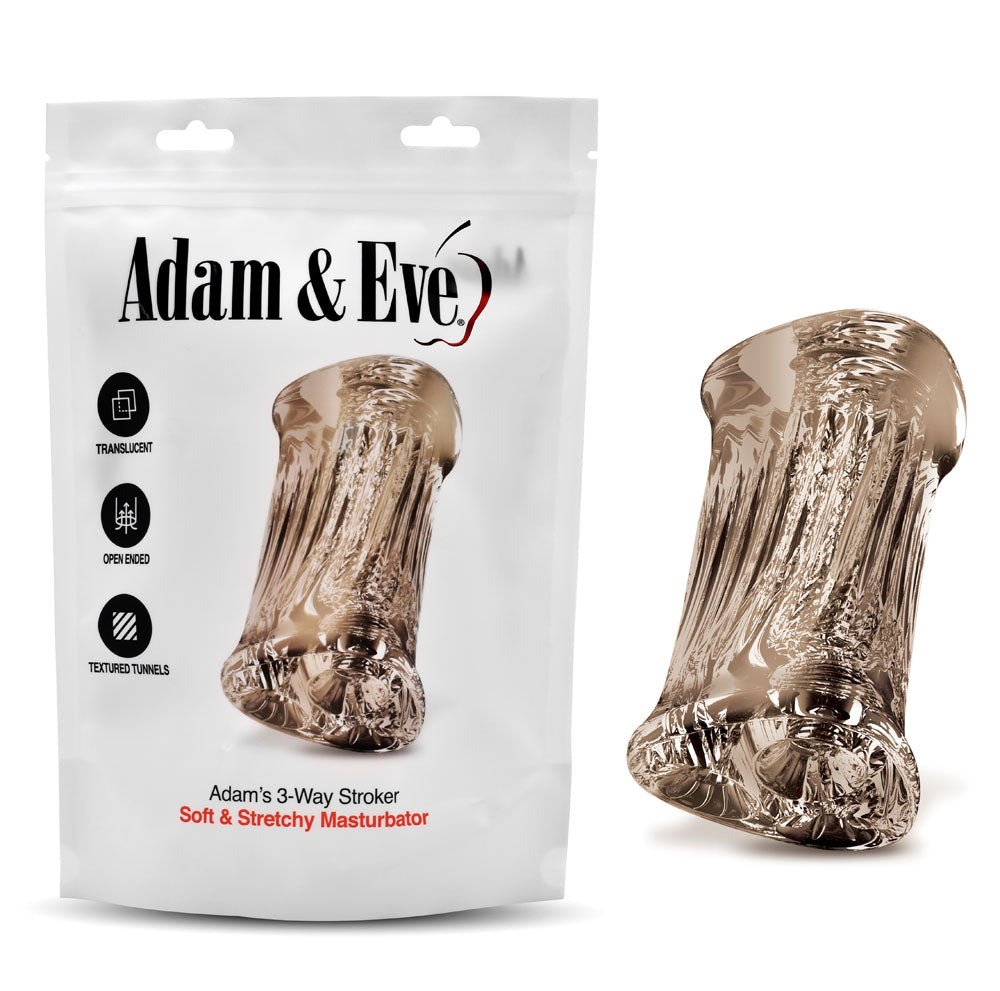 Packaging for Adam & Eves Adams 3-Way Stroker showcases a clear, textured adult product with a ribbed design and soft real-feel stroker. The white package displays icons labeled Translucent, Easy Grip Exterior, and Three Different Tunnels along with the product name below.