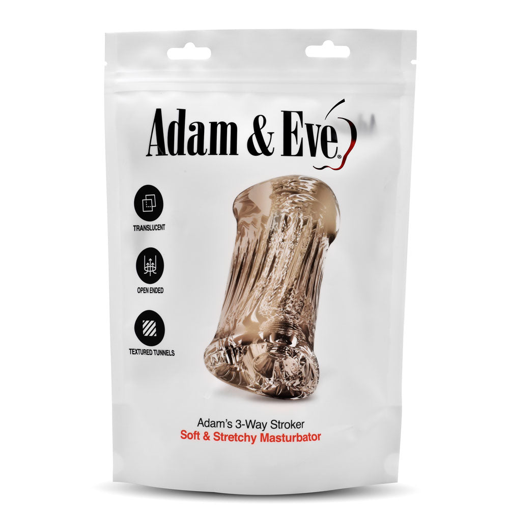 Adam & Eves 3-Way Stroker packaging, predominantly in white, displays the clear and textured product image. Icons emphasize its open-ended, easy-grip design with unique textured tunnels, and its described as soft & stretchy. The packaging also includes a resealable zip top.